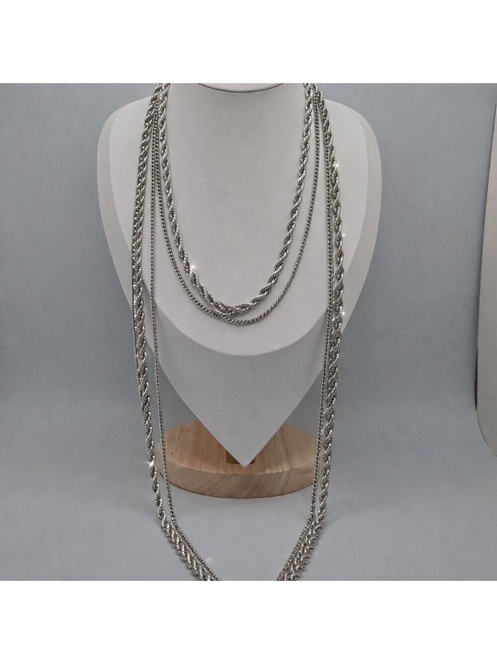 Monet Long Necklace Three Strand Silver Vintage Twisted Rope Cuban 55''